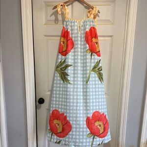 Floral Gingham Maxi Dress with Red Poppies